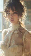 Beautiful fashion young woman in a 19th century dress. Victorian dressed