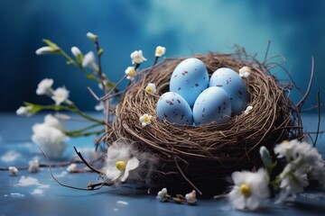 Easter eggs nest. Spring still life card on blue table background.