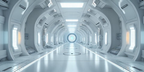 White corridor, tunnel in spaceship or future building