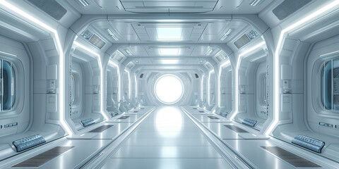 White corridor, tunnel in spaceship or future building