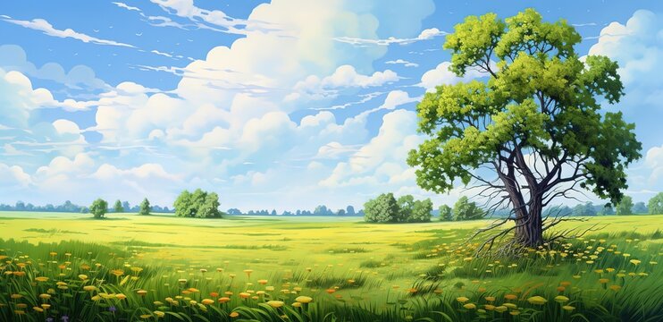 a picture of a meadow with big trees and a bright, cloudy sky