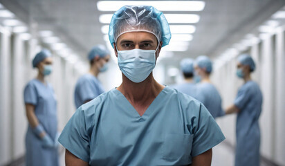 Fototapeta na wymiar Male surgeon with hand over face sitting in the corridor at hospital. Surgeon is wearing surgical mask, surgical cap, gown, and surgical gloves. digital ai