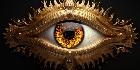 Evil Eye, A close up of a gold and blue eye with a crown on top, 
