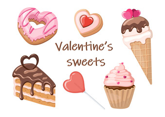 A set of sweets for Valentine's Day. Donut, ice cream, cake, cookies, lollipop, muffin. Color vector illustration.