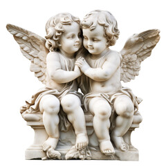Fototapeta premium A marble sculpture of two cherub-like angelic figures, intimately leaning towards each other, conveying a sense of innocence and divine love isolated on transparent background