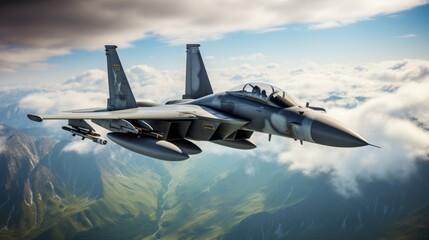 photo realistic fighter military jet, flying high, copy space, 16:9 - obrazy, fototapety, plakaty