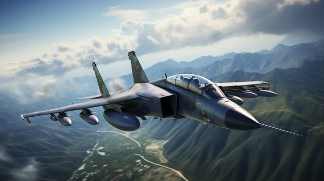 photo realistic fighter military jet, flying high, copy space, 16:9