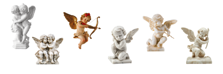 A collection of five cupid and angel figurines, potentially related to Valentine's Day, depicted in various poses and styles against a transparent background
