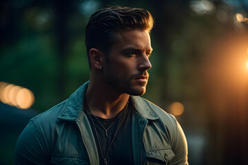 Fototapeta premium Man in Leather Jacket Gazing Into the Distance. Generative AI.