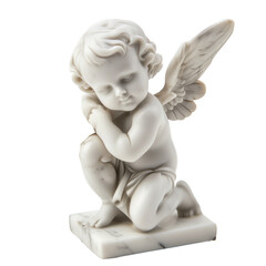 White porcelain angel figurine with thoughtful expression, often associated with religious or spiritual concepts, or used for commemorative purposes isolated on transparent background