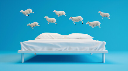 A serene bedroom scene with cartoon sheep jumping over a white bed, symbolizing the concept of counting sheep to fall asleep