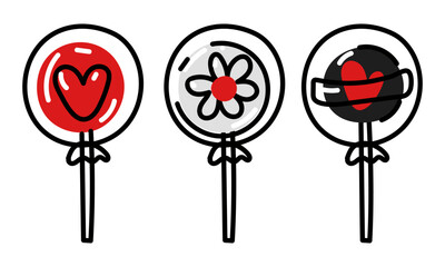 A set of lollipops with red flat scribbles. Lollipops heart, flower in a package. Vector cartoon flat illustration. Icons of sweet candies. Isolated collection in red, black, white colors