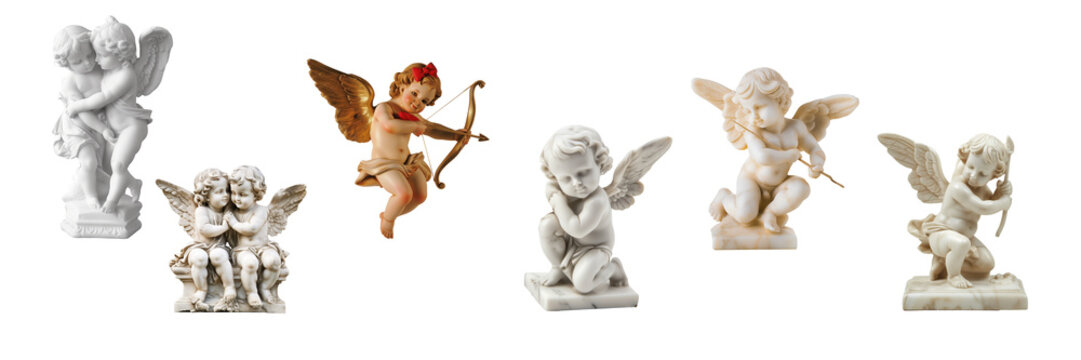 A collection of five cupid and angel figurines, potentially related to Valentine's Day, depicted in various poses and styles against a transparent background