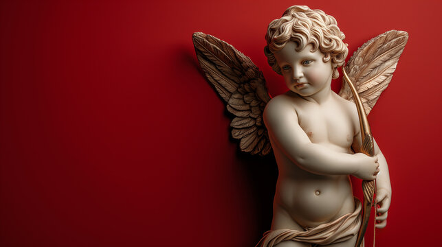 An elegant baroque-style cupid statue holding an arrow on a deep red background, possibly representing love or Valentine's Day