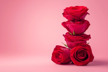 Five vibrant red roses stacked against a soft pink background, symbolizing romance, often associated with Valentine's Day