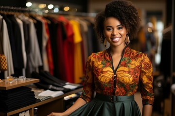 Une femme souriante dans un magasin de vêtement