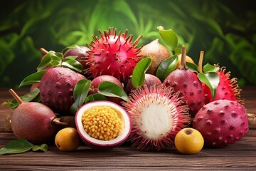 Exotic fruits like passionfruit, rambutan, and mangosteen, creating a tropical still life. isolated on a white background