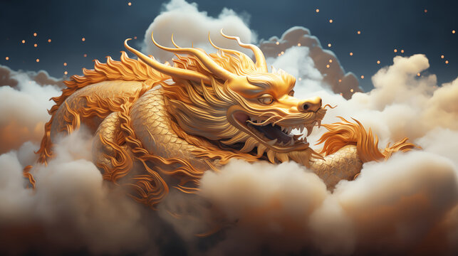 Chinese dragon dancing on clouds, and Chinese gold dragon with translucent textures in cosmic art, swirls, anime aesthetics, furry art