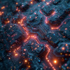 Technology circuit board intertwined networks in nature. The style of glowing colors and atmospheric abstraction with depth of field. Aerial view with light red and dark indigo colors