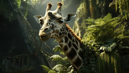 Foto op Plexiglas A giraffe eating leaves from tall trees © Mahenz
