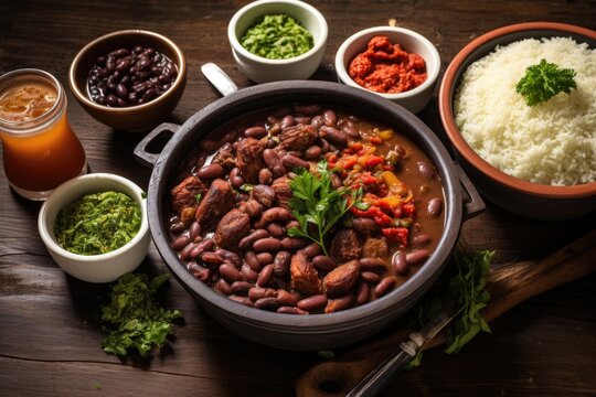 Traditional Brazilian Stew with Beans, Meats, and Garnishes