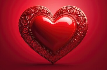St Valentines day, wedding banner with red voluminous heart on red background. Use for love sale banner, voucher, greeting card. Copy space. Beautiful love background for valentines day greeting card