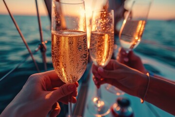A close-up shot of friends clinking sparkling wine glasses at sunset on a yacht.  - obrazy, fototapety, plakaty