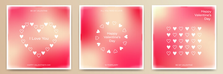 Set of Valentine's Day postcard templates in modern style. Holiday posters with pink gradient in minimalism style for flyer, cover, invitation, social media post, banner.