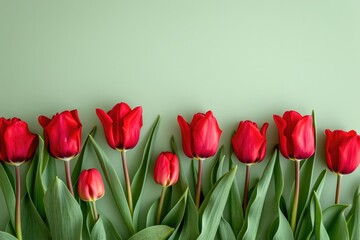 Beautiful red tulip border at light green background, springtime flowers.