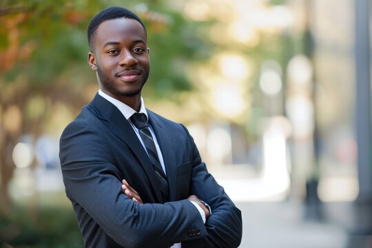 An attractive young black man in business attire outdoors.