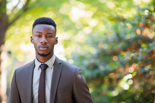 An attractive young black man in business attire outdoors.
