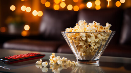 Close up of bowl of popcorn and remote control with tv works on background. Evening cozy watching a movie or TV series at home.