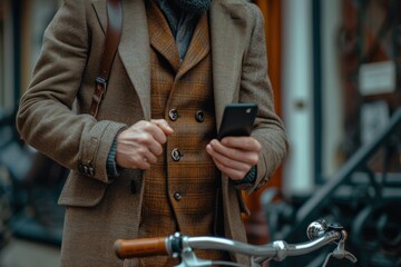 male cyclist sitting outdoors and holding smartphone.