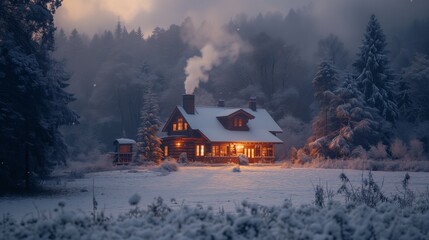 Winter Vacation Concept Scene, Cozy Cabin Visuals of a cozy cabin or lodge with smoke gently rising from the chimney, showcasing the inviting and warm accommodations for the winter getaway.