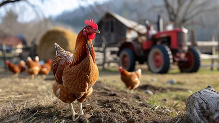 Fotobehang A hen confidently strides across a traditional farm, with chickens and a vintage tractor in the backdrop, signifying organic farming. © logonv