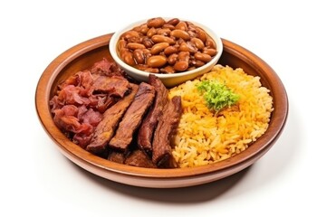 Brazilian northeasts typical dish: sundried meat with beans, rice, farofa, cassava, and vinaigrette.