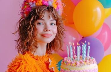 Obraz na płótnie Canvas girl in colorful costume holding birthday cake and balloons happy birthday.