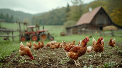 Fototapeta premium A flock of chickens forages freely in a countryside farm, with a traditional barn and tractor in the background, illustrating rural farm life.