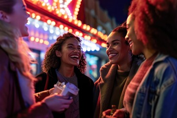 Happy multiracial female friends greeting outside movie theater at night.
