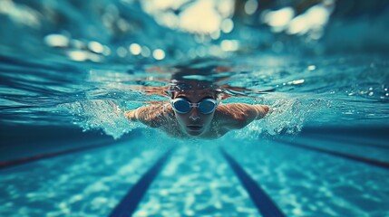 A focused swimmer charges forward in a swimming pool, her goggles cutting through the water as she competes with unyielding intensity.