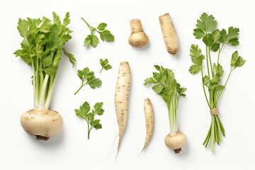 
Flatlay with parsnip isolated on white background