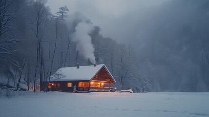 Winter Vacation Concept Scene, Cozy Cabin Visuals of a cozy cabin or lodge with smoke gently rising from the chimney, showcasing the inviting and warm accommodations for the winter getaway.