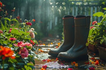 gardeners boots in bloom in a garden.
