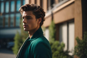 Fototapeta premium Man in Green Jacket Standing in Front of Building. Generative AI.