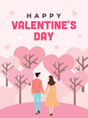 Romantic Couple Walking in The Love Forest Valentine Illustration