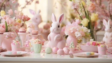 A whimsical setting with adorable bunny figurines, setting the stage for an enchanting Easter promotion.