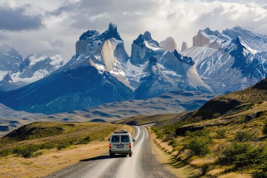 Mini van driving in Torres del Paine National Park, Chilean Patagonia.