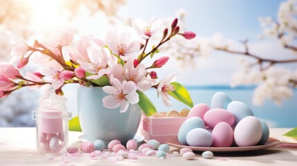 Blooming flowers and Easter elements, creating a picturesque scene for vibrant promotional campaigns.