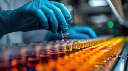 A focused lab technician examining a sample in a vial with an orange glow, reflective of the critical testing process in pharmaceutical analysis.