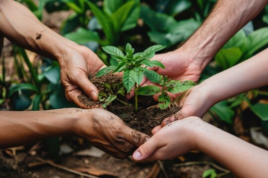 Multiple hands holding a plant.